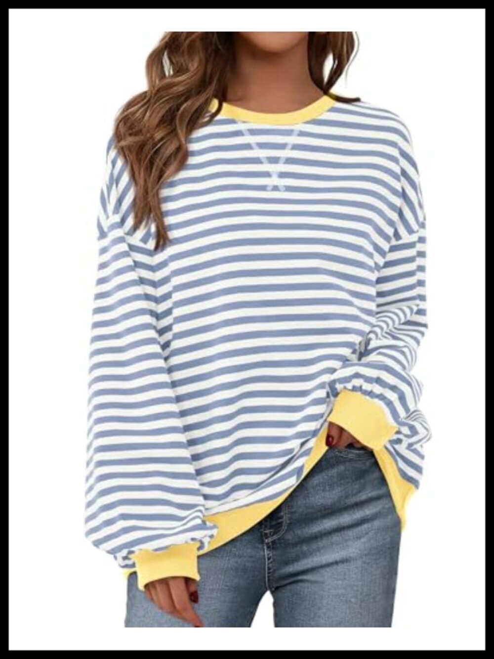 Oversized Striped Crewneck Sweatshirt Lantern Sleeve Loose Fit Pullover